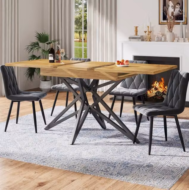 Set da pranzo con tavolo allungabile 120/160x80x66,1 cm e 4 sedie in velluto grigio scuro con gambe in metallo nero