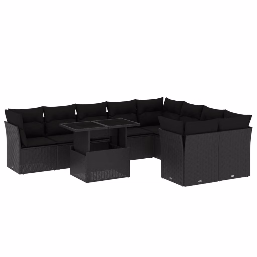 Set Divani da Giardino 10pz con Cuscini in Polyrattan Nero