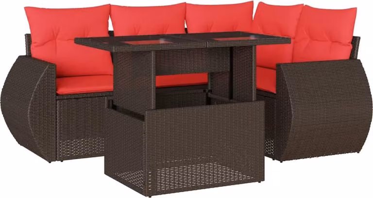 Set Divani da Giardino 5 pz con Cuscini Marrone in Polyrattan