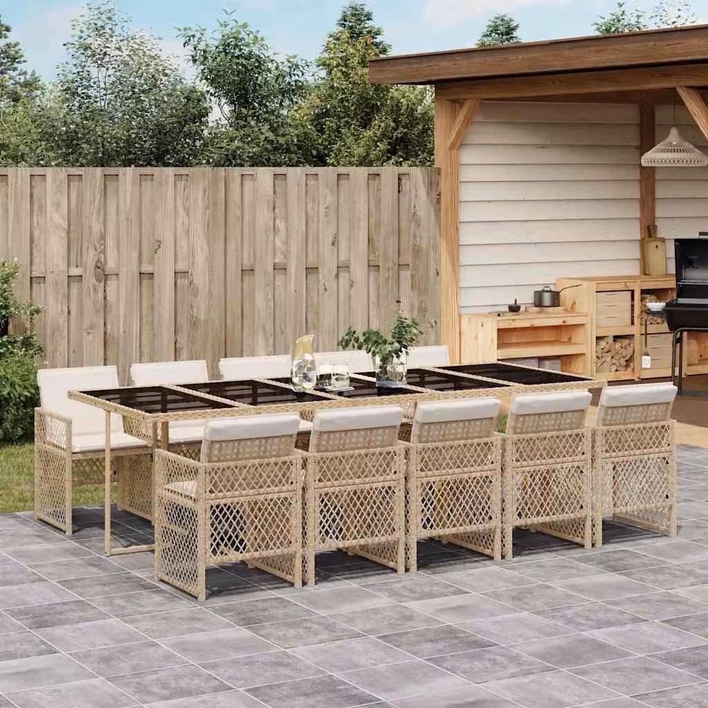 Set da pranzo da giardino vidaXL in polyrattan con cuscini beige e tavolo in vetro per 11 persone