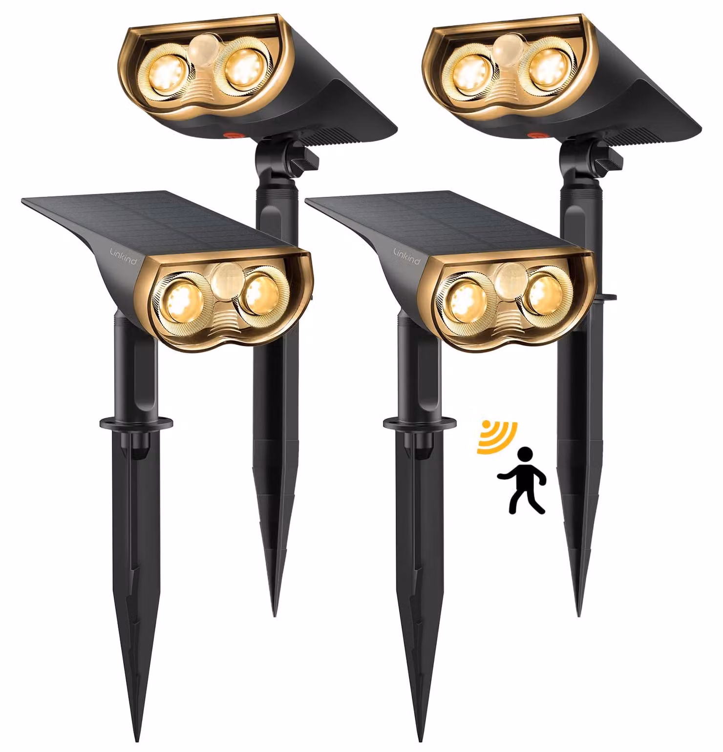 Set di 4 luci solari da esterno, 1000 lumen, luce bianco caldo, con sensore di movimento