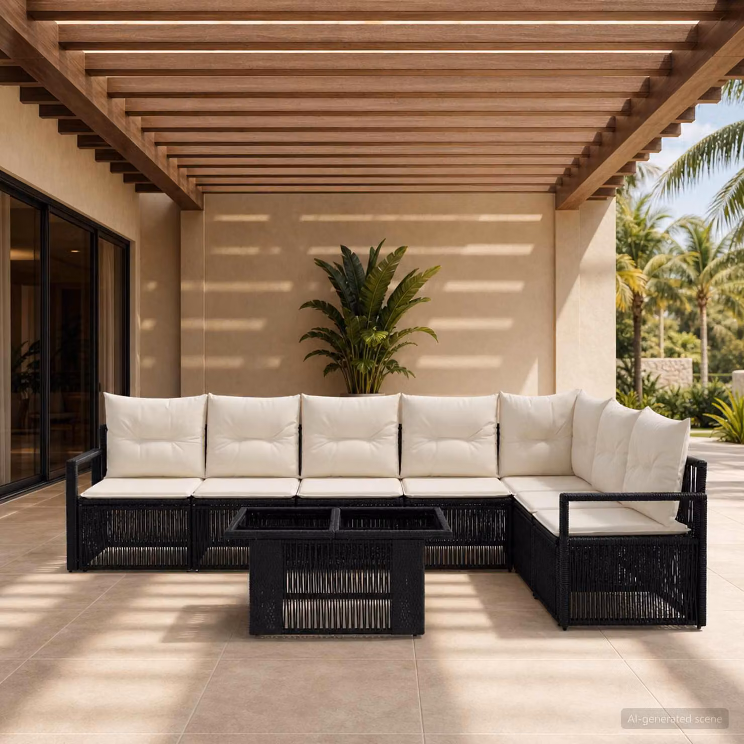 Set Divano da Giardino vidaXL 8 pz con Tavolino, Design Moderno a L, Colore Nero e Bianco con Cuscini Rimovibili