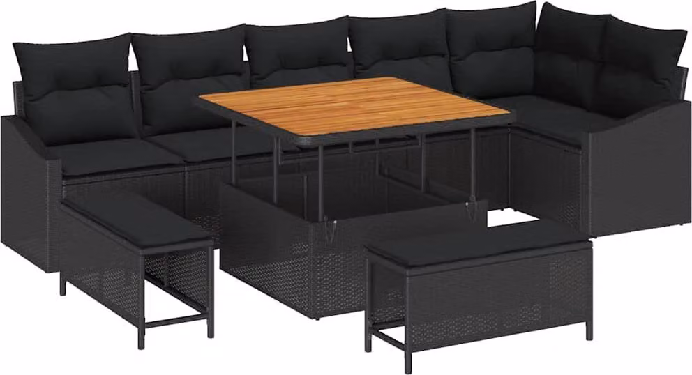 Set Divano da Giardino con cuscino 9 pcs Nero polyrattan