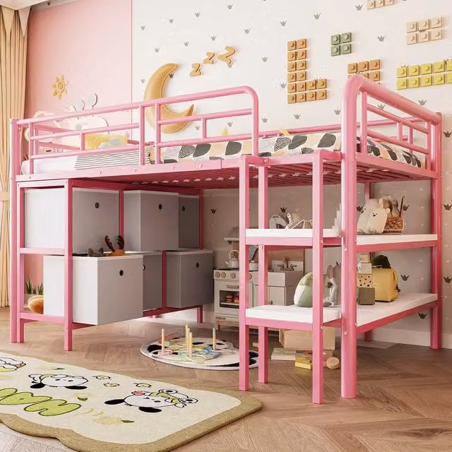 Letto a Soppalco per Bambini con Cassetti e Ripiani ¨C MINIMAL ¨C Metallo Rosa 90x200