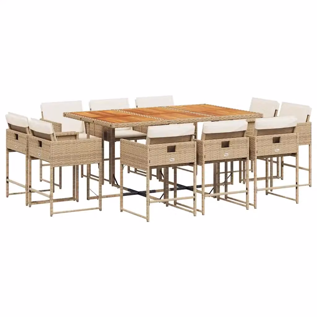 vidaXL Set da Pranzo da Giardino 11 pz in Polyrattan con Cuscini Beige e Tavolo in Legno di Acacia – 2