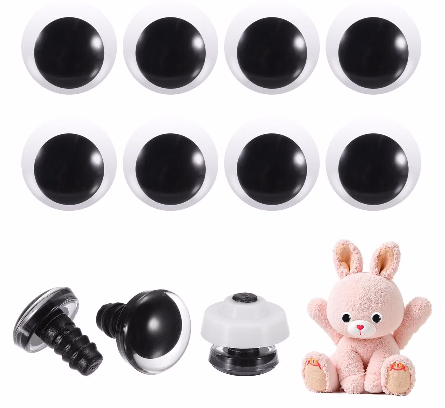 Occhi di sicurezza da 20 mm, confezione da 50 pezzi, colore nero, in plastica, con anelli