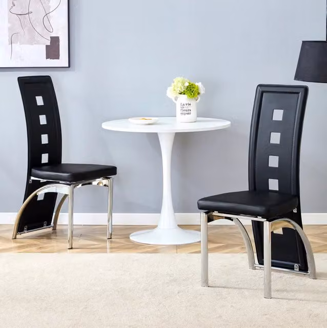Set 2 sedie da pranzo in pelle PU nera con schienale traforato e gambe in metallo argento HAVRYA