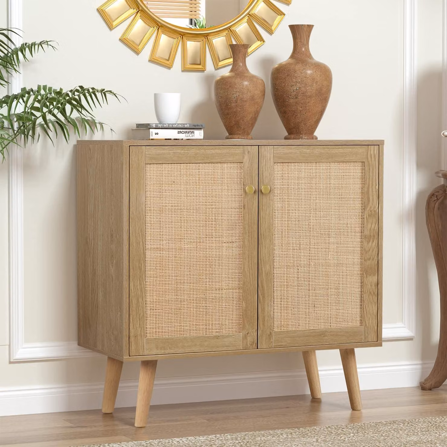 Mobiletto da cucina con piano di lavoro e ante in rattan, dimensioni 80x35x79 cm