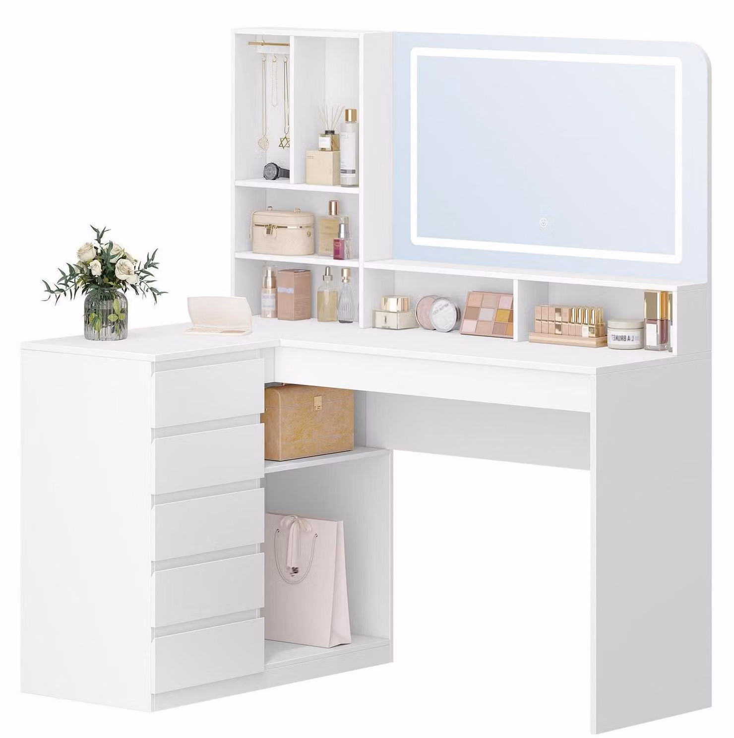 Comò a forma di L con grande specchio e illuminazione a LED, 5 cassetti, 7 scomparti, bianco