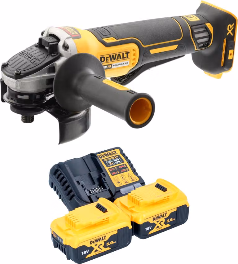 Smerigliatrice angolare a batteria DeWalt DCG 406 P2 18 V 125 mm Brushless + 2 batterie da 5,0 Ah + caricabatteria