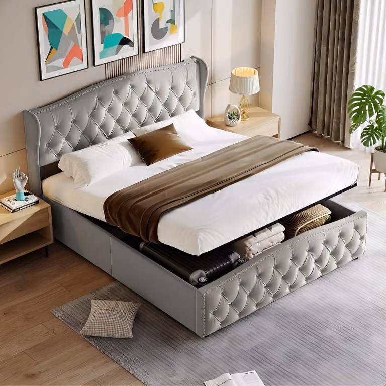 Letto imbottito INONEFT 140x200 cm con sistema di sollevamento idraulico e spazio contenitore, struttura per letto a molle con cassettone, letto matrimoniale per ragazzi con rete a doghe, tessuto velluto grigio