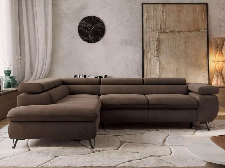Divano letto a L Divano angolare Divano da salotto con poggiatesta regolabili - PABLO L - Velvet - Marrone - Sinistra