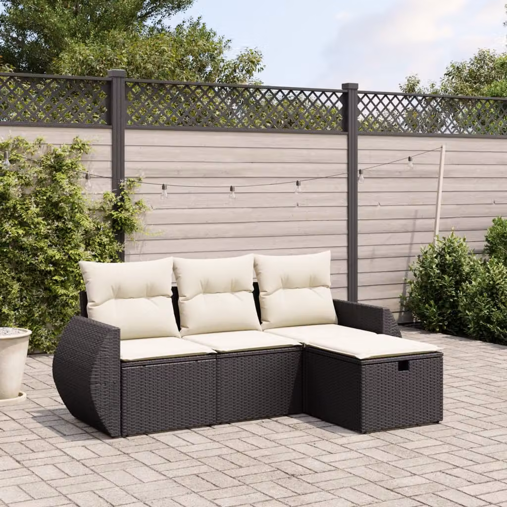 Set Divani da Giardino vidaXL a Forma di L con Cuscini, Divano a 2 Posti, Poltrona Lounge e Ottoman, Nero e Bianco – 1