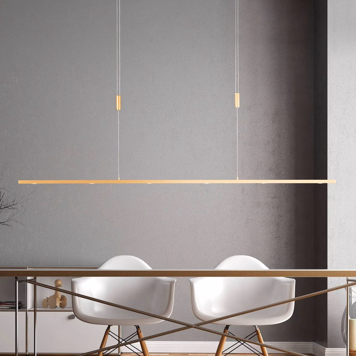 Lampada LED a sospensione Quitani Tolu, lunghezza 139 cm, ottone Tolu Quitani, dimmerabile, Ottone / Oro, Soggiorno / Sala da pranzo, Alluminio, Moderno