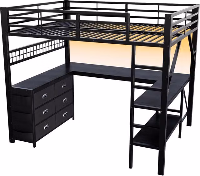 Letto a soppalco 140x200 cm con scrivania, cassetti, ripiani e illuminazione LED, struttura in metallo nero