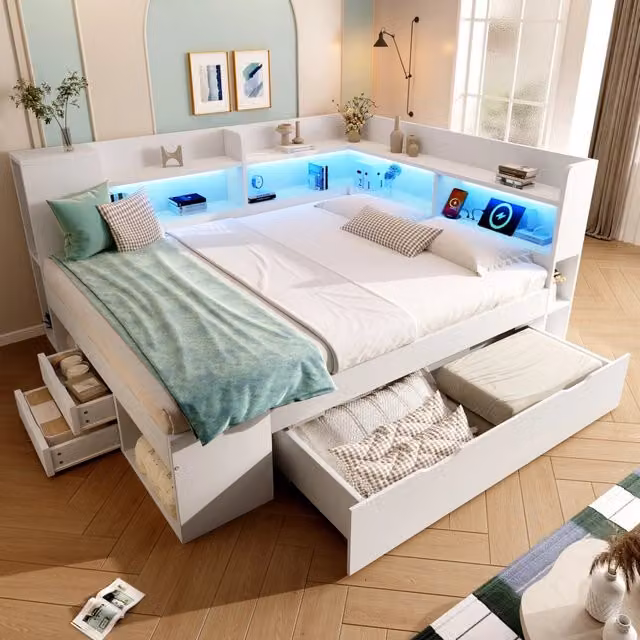 Letto divano OKWISH bianco con contenitore a cassetti, materasso incluso, illuminazione LED e porte USB e Type-C, L/P: 140 x 200 cm
