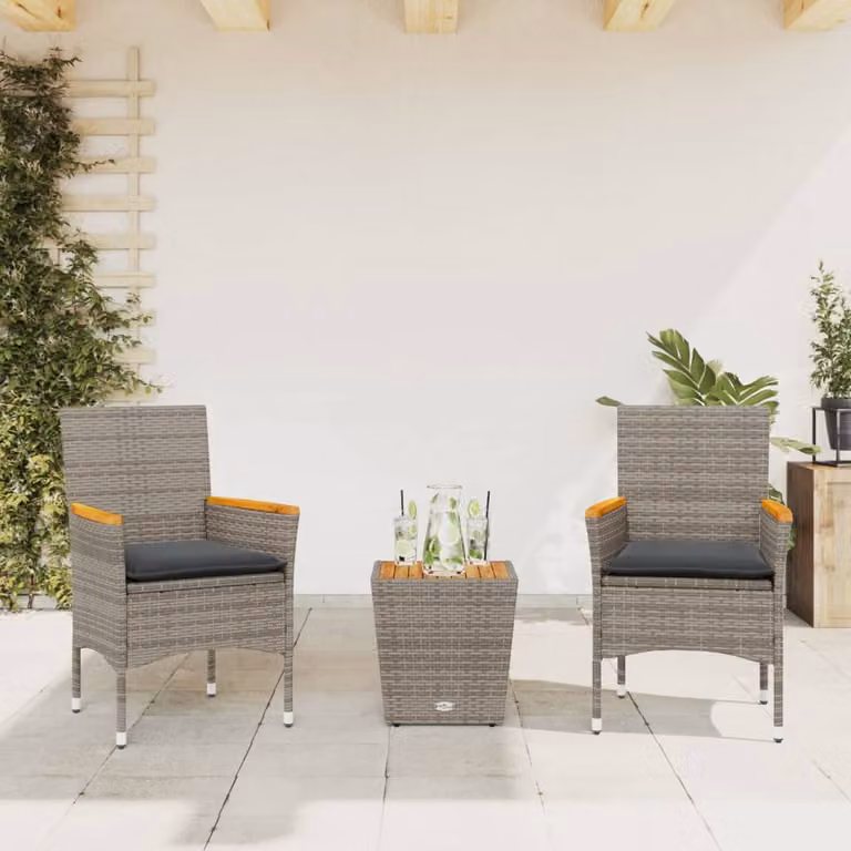 Set da Bistrò 3 pz vidaXL in Polyrattan e Legno di Acacia con Cuscini e Piano in Vetro Grigio