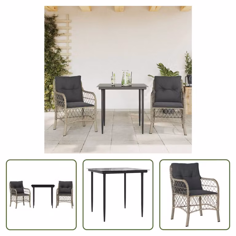 The Living Store Set bistrot 3 pezzi con cuscini in poly rattan grigio chiaro