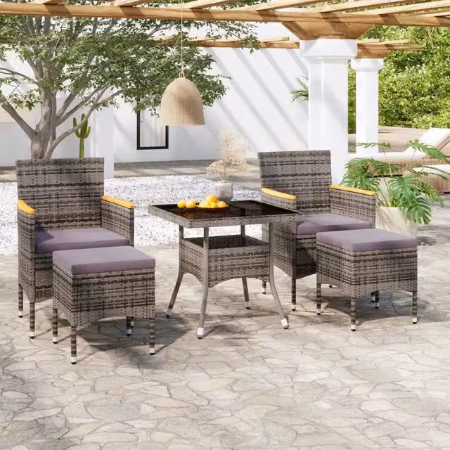 Set Pranzo da Giardino 5 pz Polyrattan e Vetro Temperato Grigio 3058335