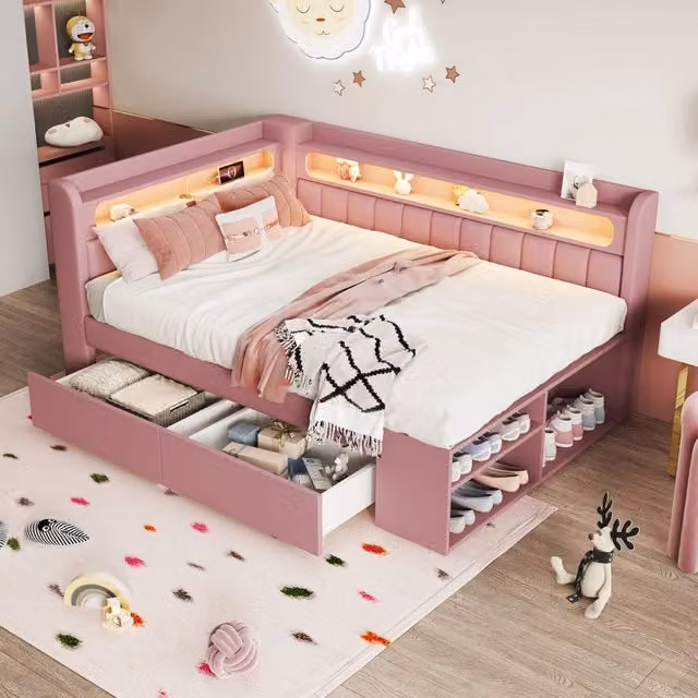 Letto singolo imbottito 90x200 cm con LED; porta USB; 2 cassetti e scarpiera; MDF e compensato; rosa