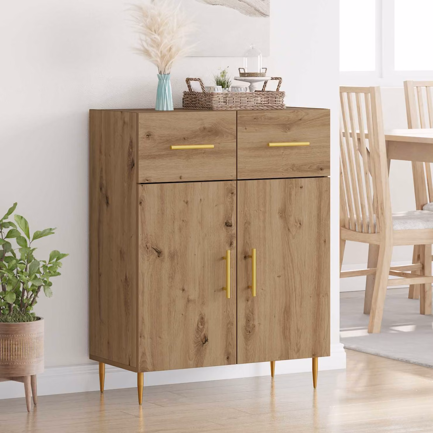 Credenza moderna vidaXL in legno e metallo color rovere e oro, L: 69,5 cm, P: 34 cm, H: 90 cm