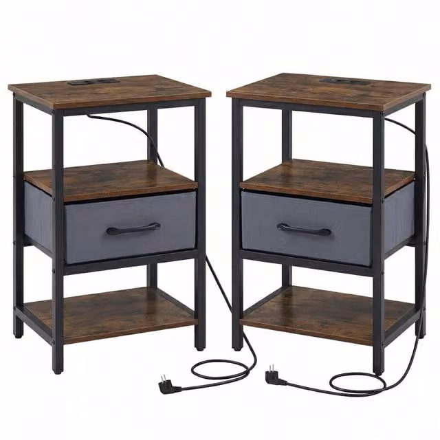 Set di 2 comodini moderni con stazione di ricarica e struttura in metallo, con cassetto in tessuto e ripiani aperti, colore Marrone