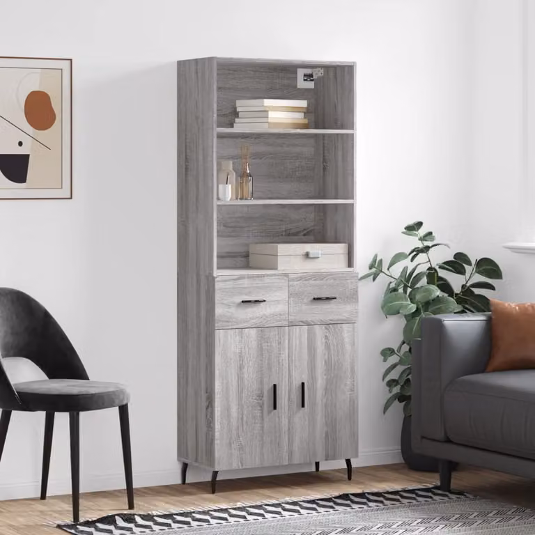 Credenza moderna vidaXL in legno multistrato e metallo, colore Grigio Sonoma, L: 69,5 cm, P: 34 cm, H: 180 cm