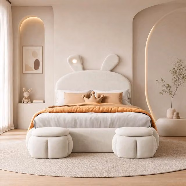 Letto imbottito con contenitore 140x200 cm in velluto beige con LED e 2 pouf contenitore