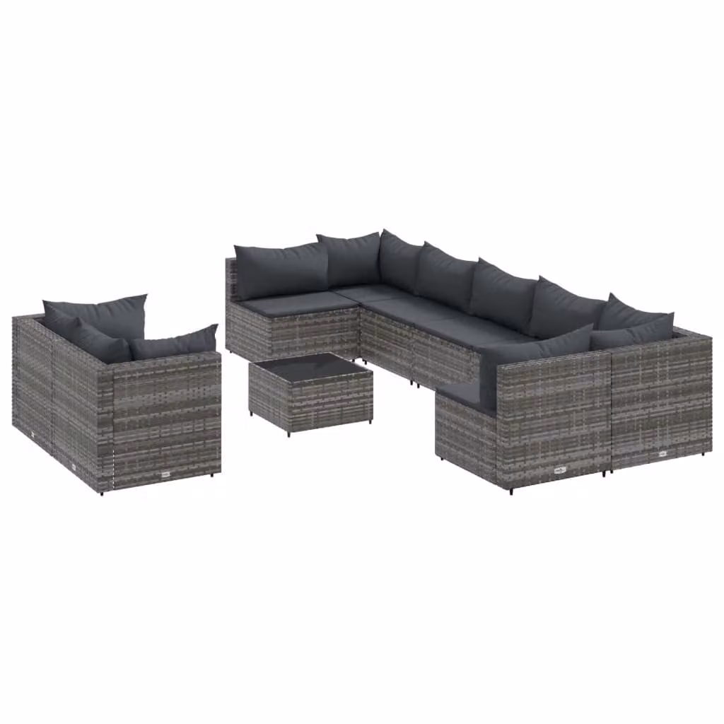 Set Divano da Giardino 10 pz con Cuscini Grigio in Polyrattan