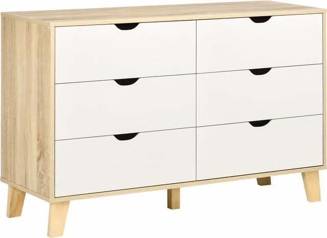 Cassettiera Moderna HOMCOM in Legno con 6 Cassetti e Maniglie Intagliate, Bianco e Rovere, L 120 x P 40 x H 76 cm