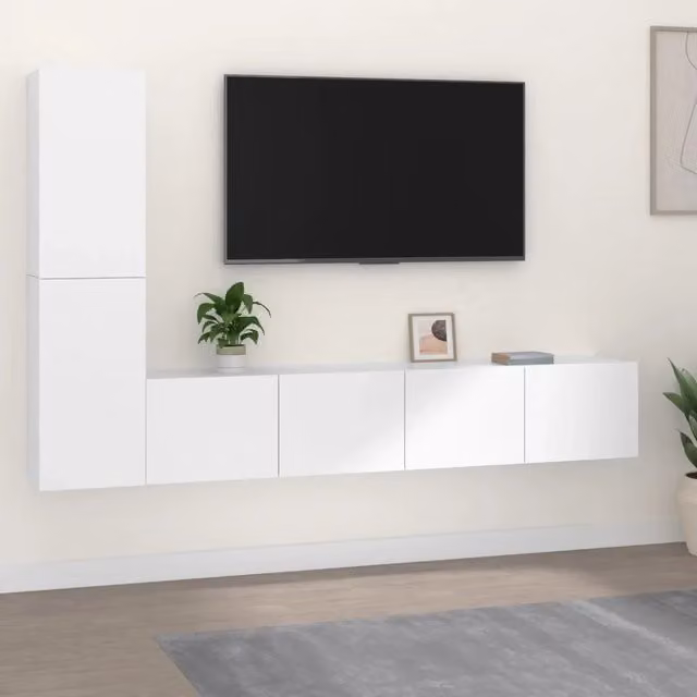 Set di mobili porta TV componibile da 4 pezzi in legno multistrato bianco, design classico a parete per il tuo soggiorno, L: 80 cm, P: 30 cm, H: 30 cm