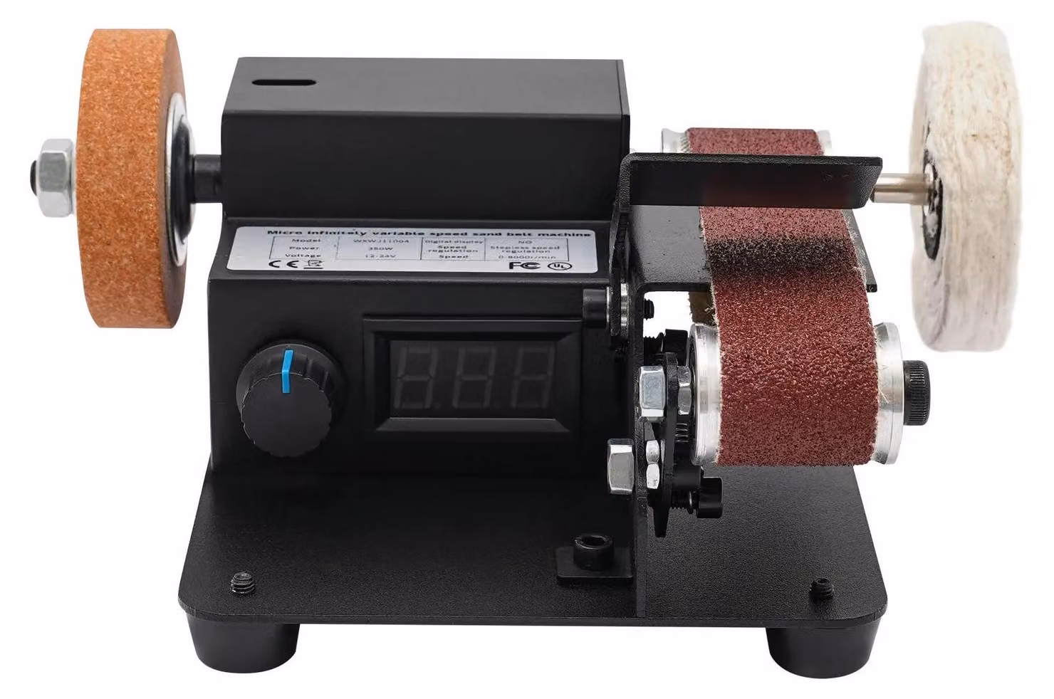 Mini levigatrice a nastro - Utensile da tavolo elettrico - 350 W - Display LCD - Velocità 0–10000 giri/min - 10 nastri abrasivi - Per levigatura e lucidatura del metallo - Nero