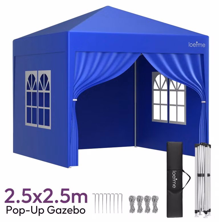 Tenda pop-up per giardino, dimensioni 2,5 x 2,5 m, struttura in acciaio, impermeabile, protezione UV, con 4 pareti laterali, colore blu