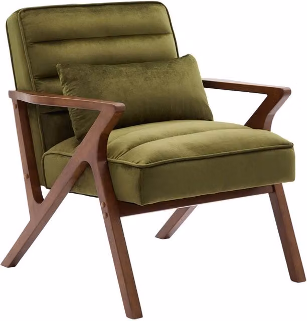 Poltrona lounge scandinava Sweeek in velluto verde con struttura in legno massello – 1