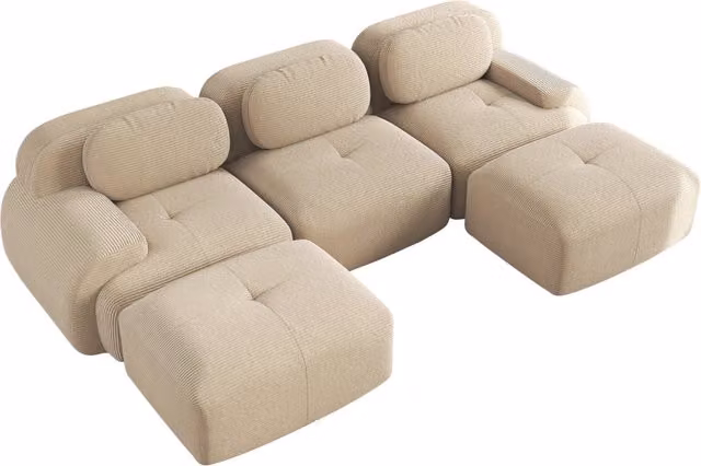 Divano modulare a U in tessuto di velluto a coste beige con braccioli extra larghi e imbottitura ad alta elasticità 32D