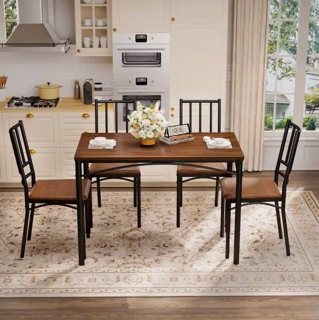 Set tavolo da pranzo ULEVR 110x60x76,5 cm con 4 sedie imbottite in PU, struttura in acciaio, color noce