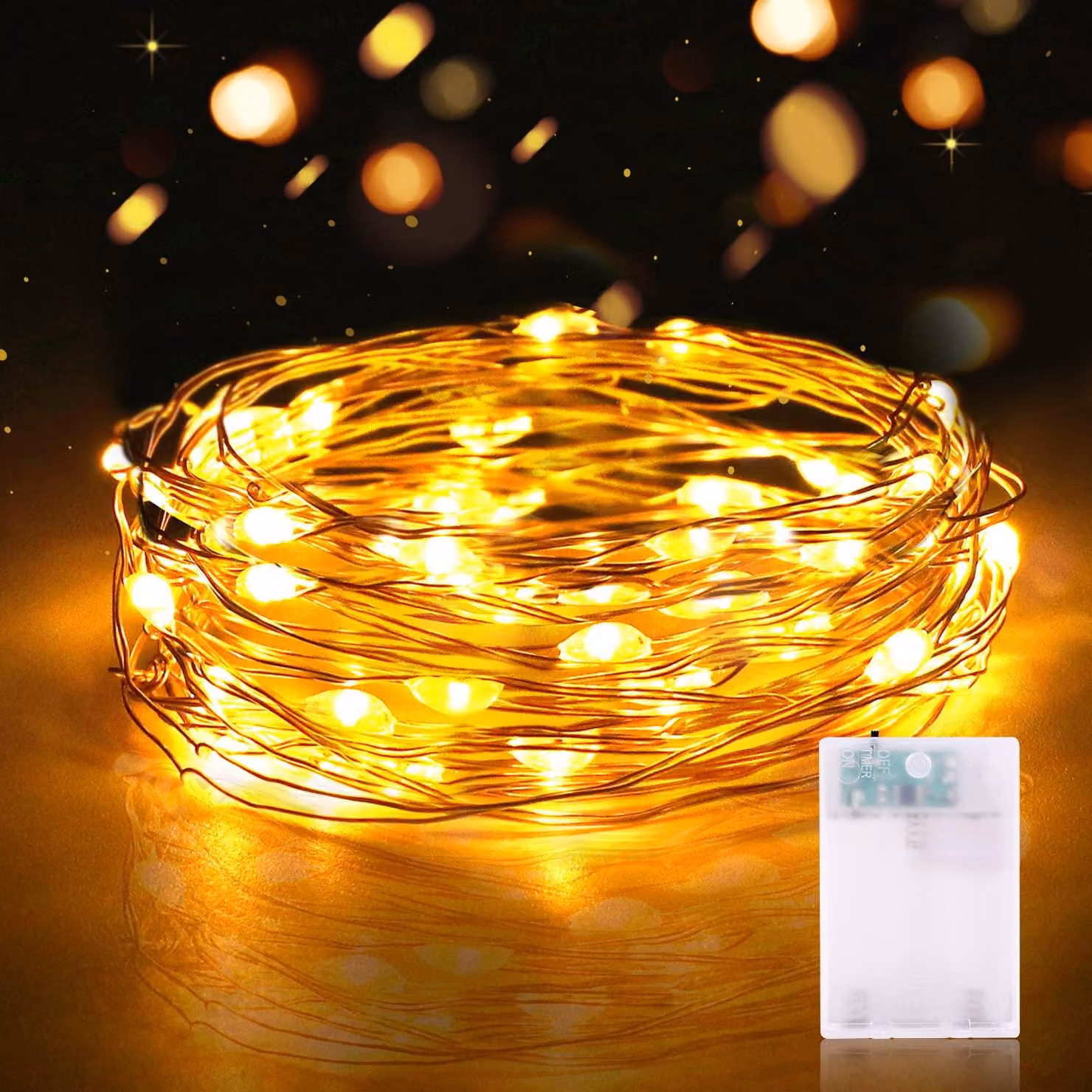 Catena luminosa a LED, 2 metri, 20 LED bianco caldo, con timer, filo di rame
