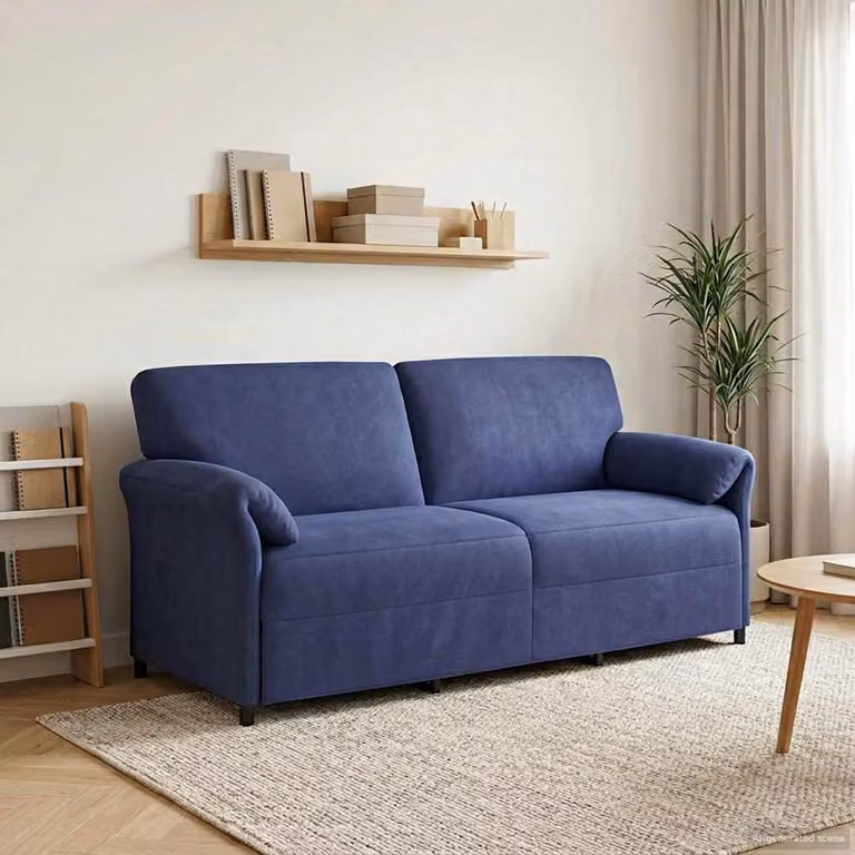 Divano 3 posti vidaXL in velluto blu con cuscini, design moderno e struttura in metallo, L: 198 cm, P: 83 cm, H: 95 cm