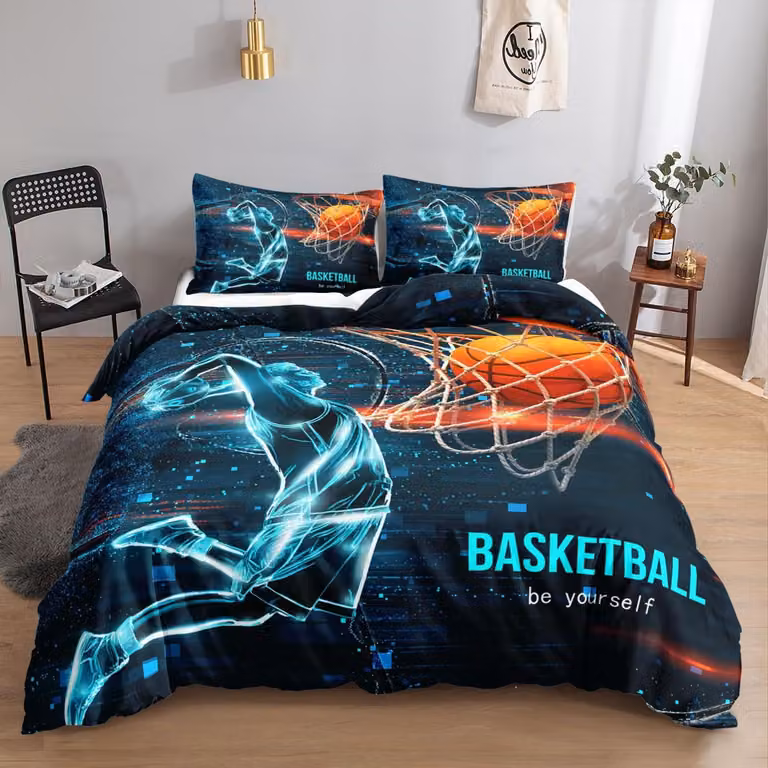 Set di lenzuola con copripiumino a tema basket e 2 federe, ideale per ragazzi