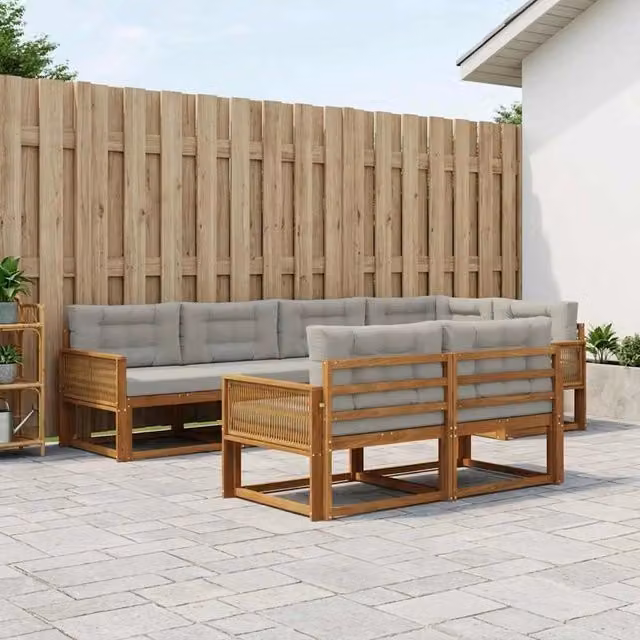 Set di divani da esterno a L vidaXL in legno di acacia con cuscini, 8 pezzi, Marrone e Grigio – 1