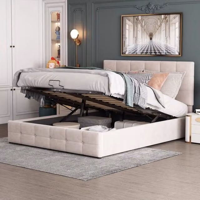 Letto contenitore matrimoniale 140 × 200 cm con sollevamento idraulico e testiera regolabile, senza materasso, crema