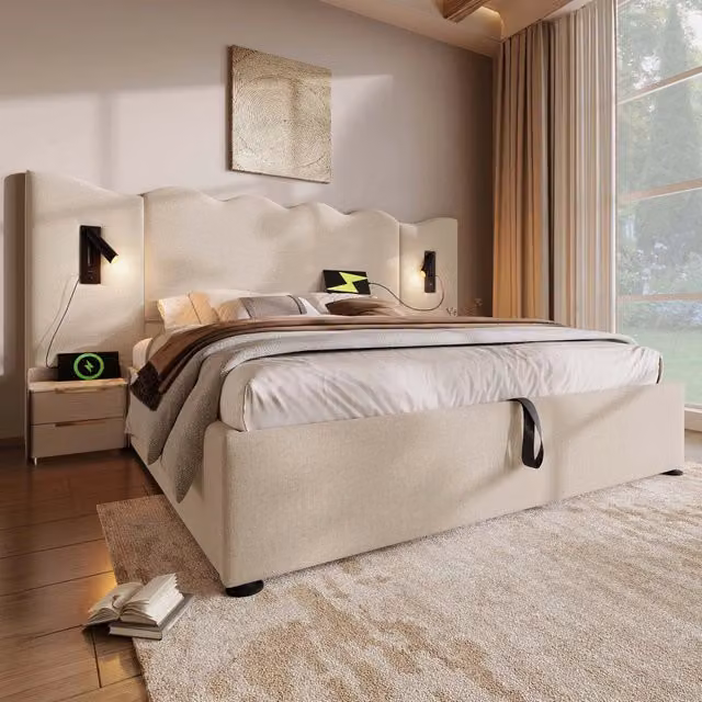 Letto contenitore 160 × 200 cm con testiera in lino; lampada da lettura orientabile e porte USB Type-C beige