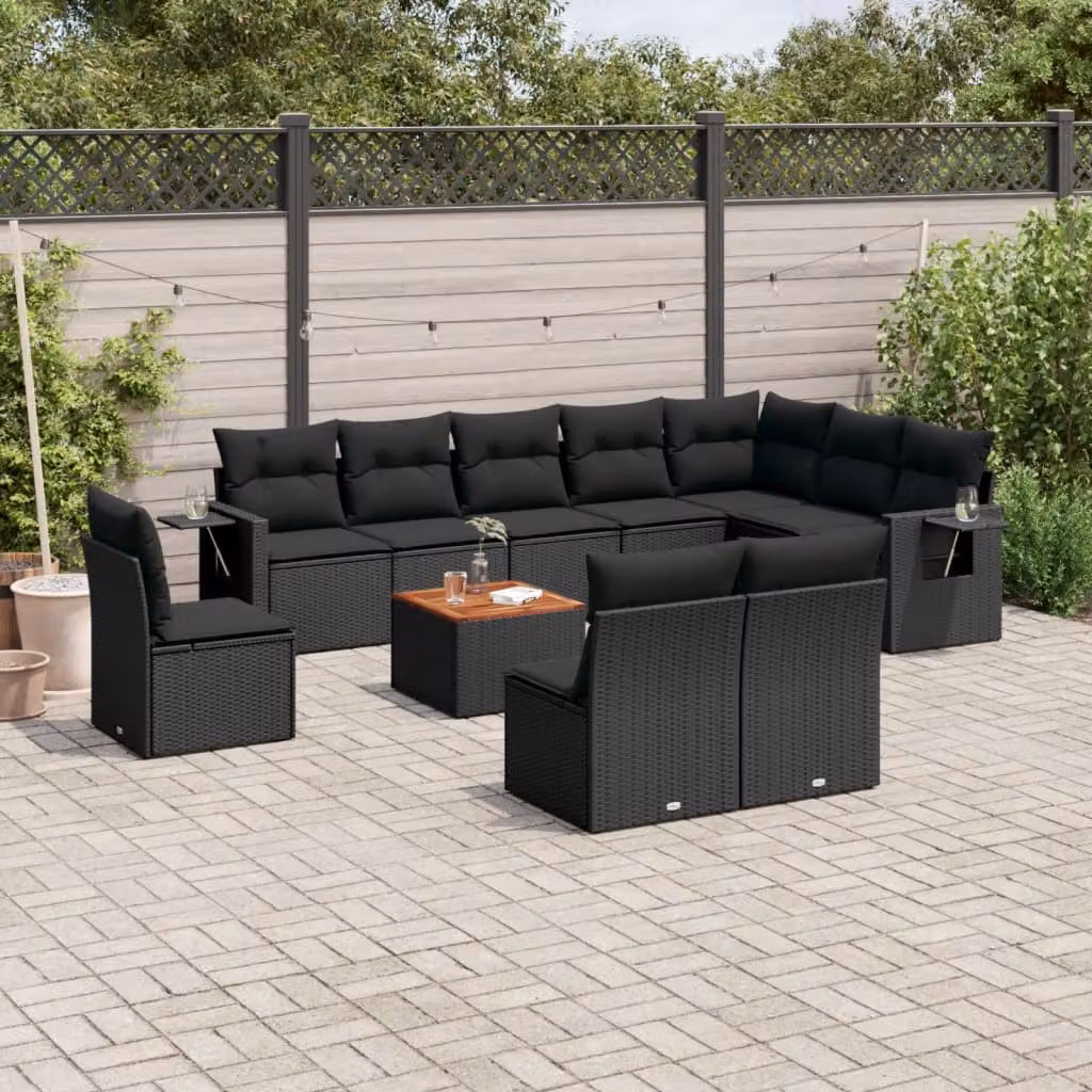 vidaXL Set Divani da Giardino 11 pz in Polyrattan Nero con Cuscini e Tavolino da Esterno – 1