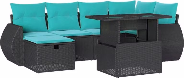 set di divani da giardino 7 pezzi con cuscini, polyrattan nero