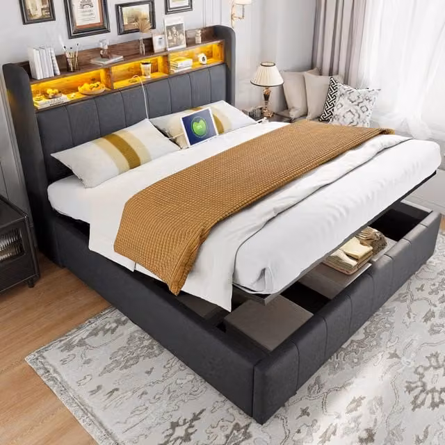 Letto imbottito 160x200 cm grigio in tessuto di lino, LED e vano contenitore