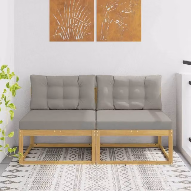 Set di 2 pezzi di divani centrali da esterno vidaXL in legno di acacia con rivestimento in tessuto bianco e grigio per giardino e terrazza