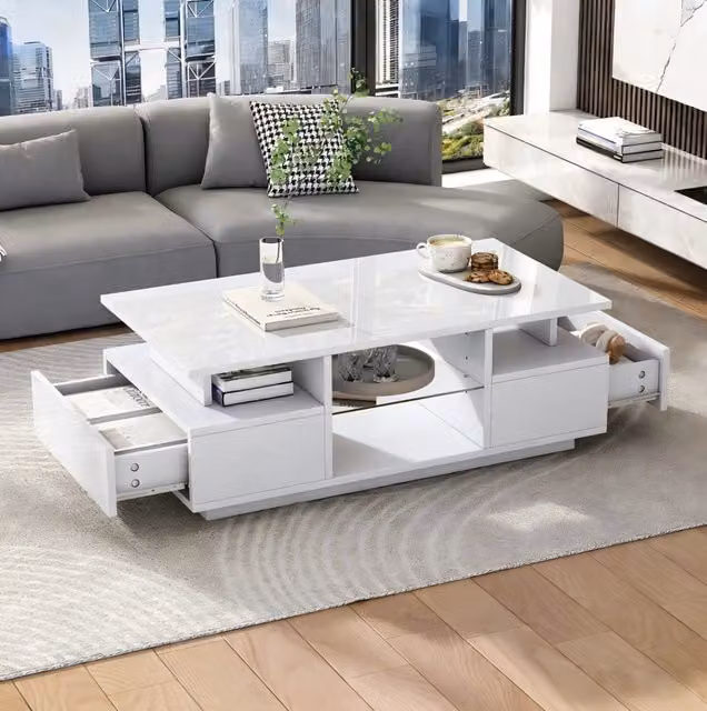 Tavolino da salotto moderno MODFU in bianco lucido con ripiani in vetro trasparente L/P/H: 100 x 50 x 36 cm