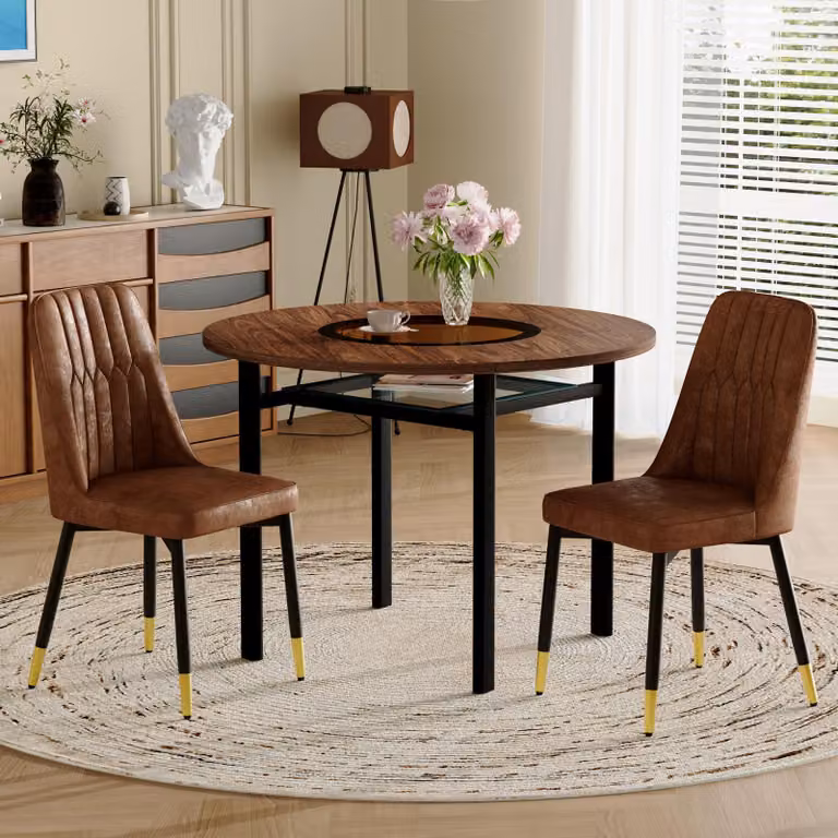 Set tavolo da pranzo STILVORA con 2 sedie in tessuto tecnico, tavolo rotondo con finitura effetto legno, set da pranzo con gambe in metallo nero, ideale per sala da pranzo e cucina, colore marrone