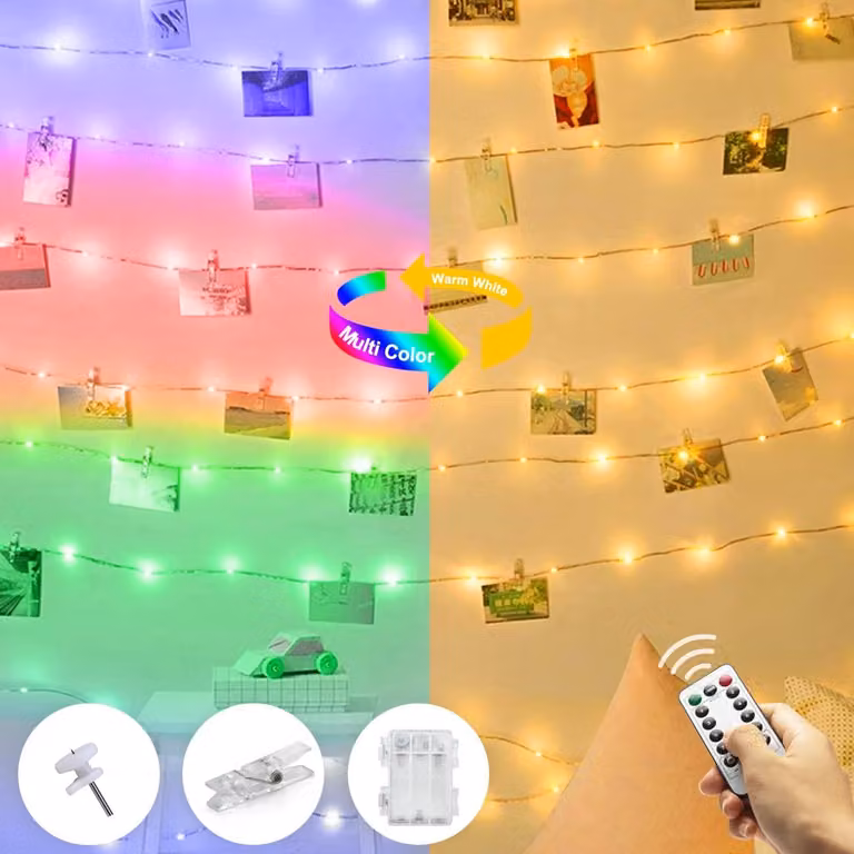 Catena luminosa a LED, 10 metri, 100 LED, 60 graffette per foto, luce bianco caldo