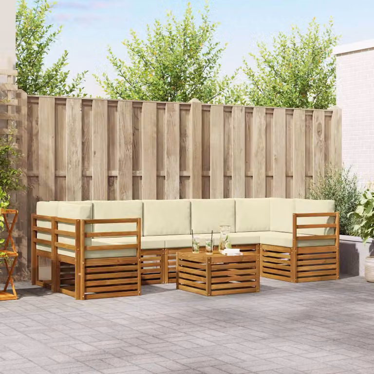 Set di divani da esterno vidaXL a forma di L in legno di acacia con tavolo da caffè e cuscini, 8 pezzi, Beige e Bianco